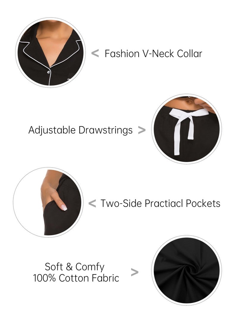 COLORFULLEAF Womens 100% Cotton Pajamas Set Short Sleeve Sleepwear Button Down Pjs Soft 2 Piece Lounge Set with Pockets S-XXL(Black, X-Large) - Image 5